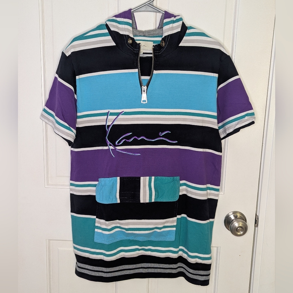 Kani Vintage Surfer Striped Kangaroo Pocket Hooded Cover Up Tshirt Size Large